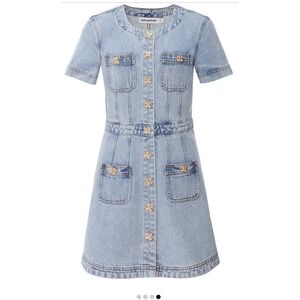 Self Portrait Denim Mini Dress Jewel Button Pockets Light Wash Fitted US 12